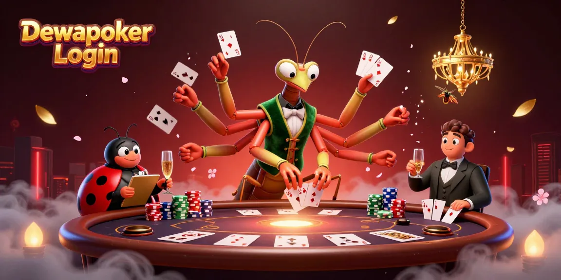 Dewapoker Login showcases a lively poker scene with stylized characters and dynamic game elements.