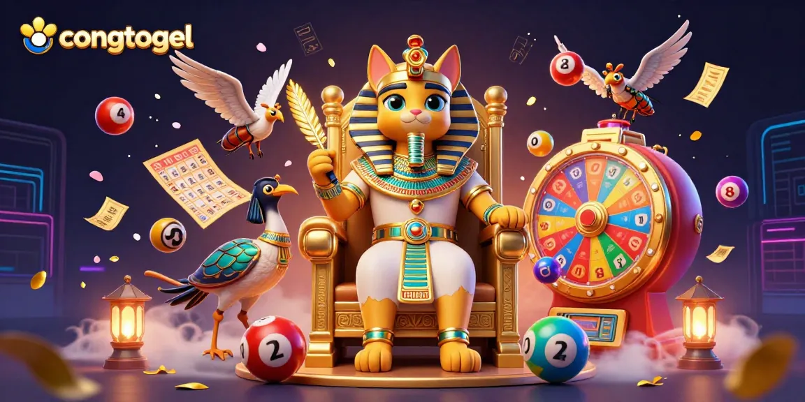 Win exciting prizes with congtogel, showcase of an Egyptian pharaoh cat amidst a vibrant gambling scene.