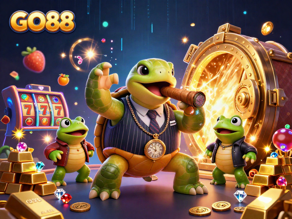 Engage with GO88's vibrant casino action showcasing a snapping turtle and bullfrog enforcers amidst thrilling slot reels.