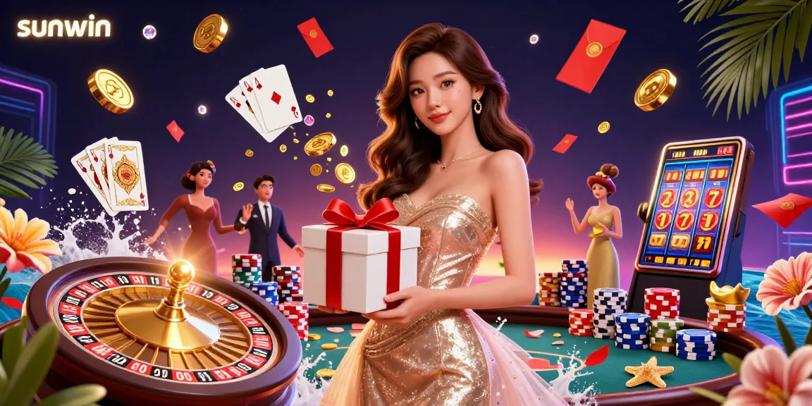 Spin and win with sunwin in a vibrant casino scene filled with festive elements.