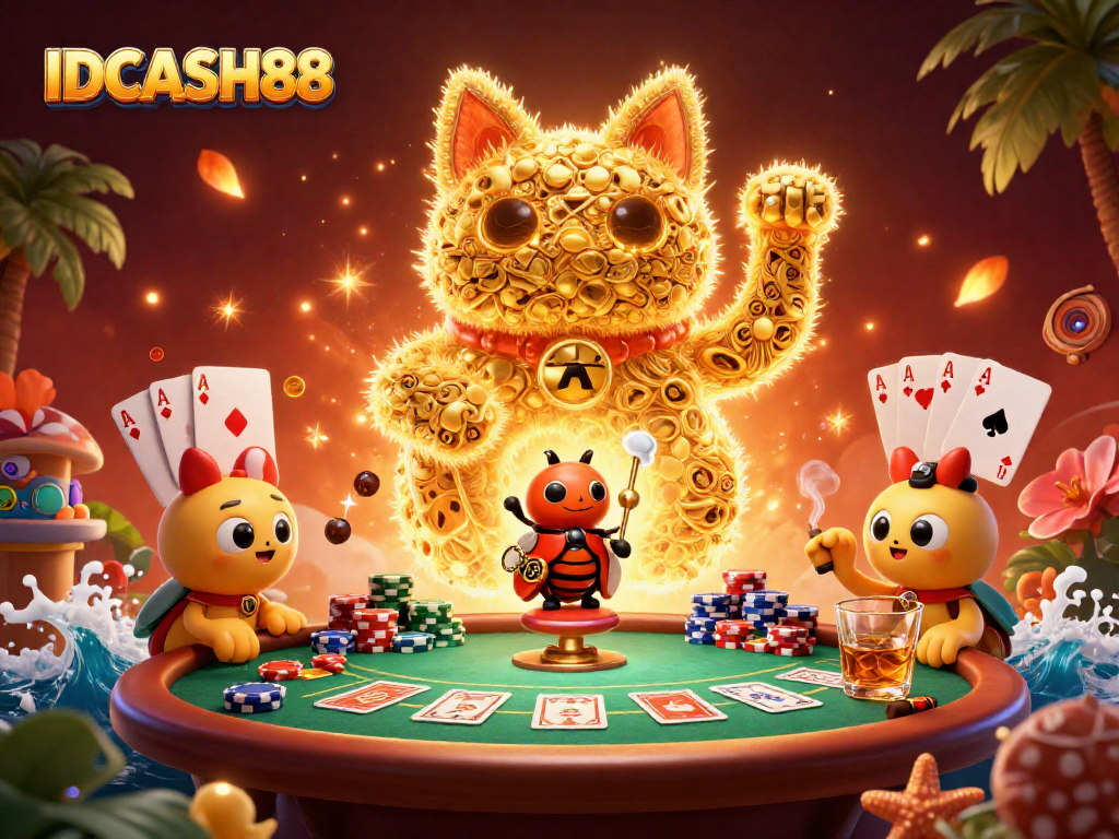 Join the fun at IDCASH88 with vibrant slots and poker games featured in a dynamic lucky cat scene.