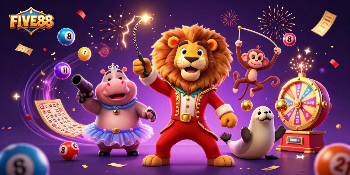 Experience the excitement of gambling with FIVE88 through a vibrant circus-themed illustration of games and prizes.