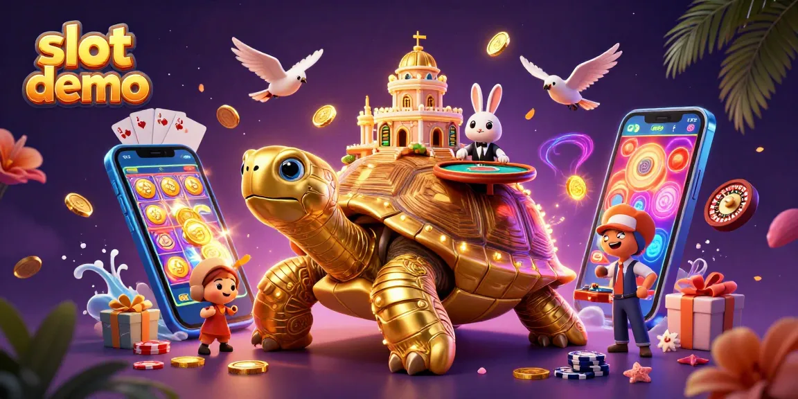 Slot demo dengan tortoise kartun besar dan dealer kelinci di meja kartu, dikelilingi koin emas.