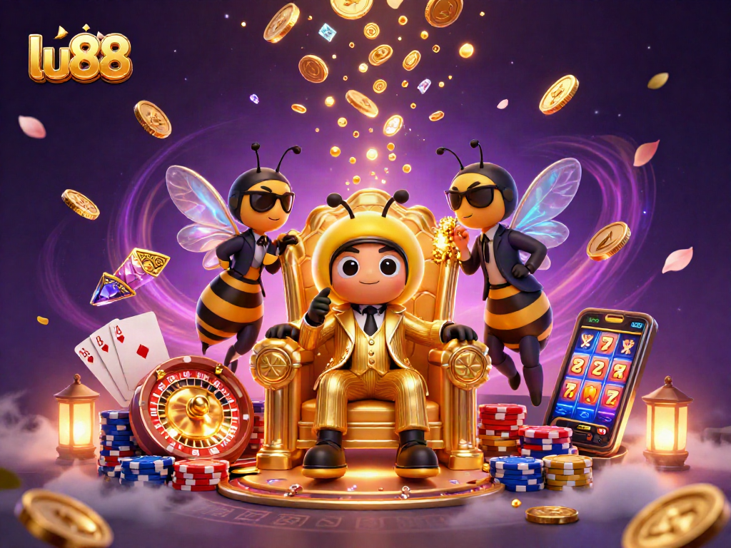 Experience thrilling gameplay at lu88 with a cartoon bumblebee mob boss in a vibrant casino setting.