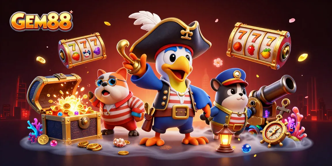 Experience GEM88 with a vibrant scene filled with slots and pirates for exciting gameplay moments.