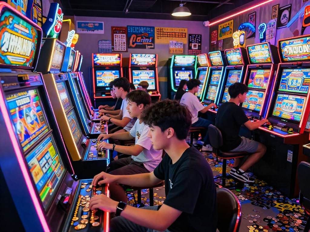 Pemain terlibat di mesin slot7000 dalam suasana arcade yang meriah dan penuh warna.