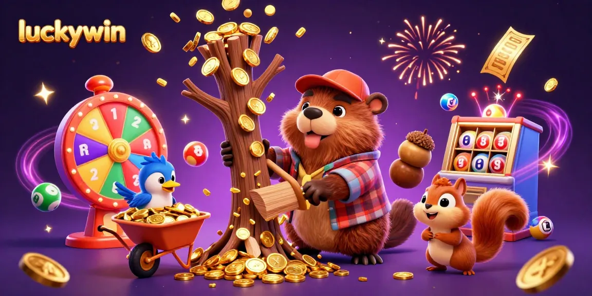 Spin the reels and watch luckywin characters shower coins and prizes in an exciting casino scene.
