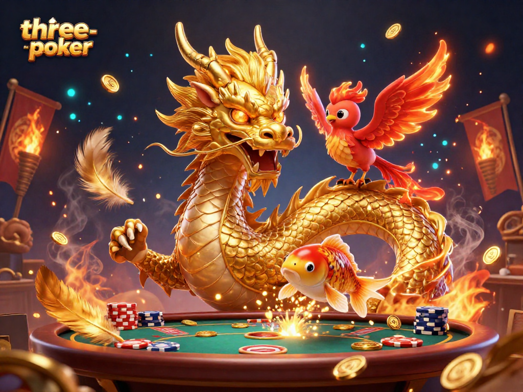 Engage in thrilling three-card-poker action amidst a vibrant 3D illustration of fortune symbols and casino elements.