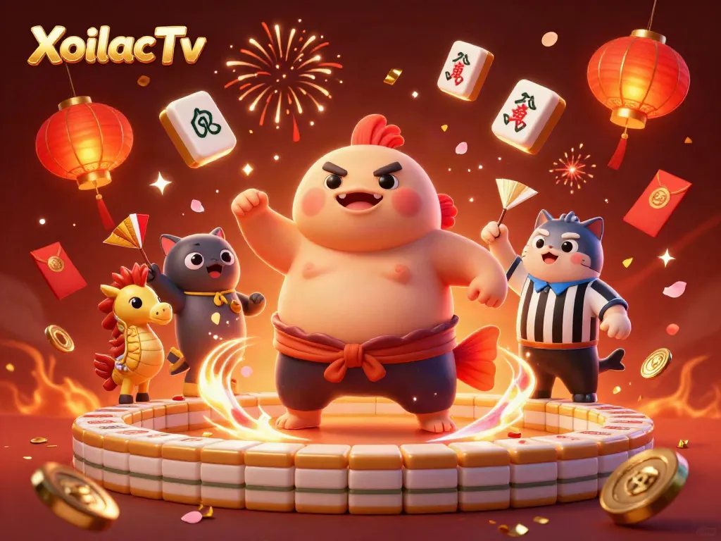 Experience the excitement of XoilacTv with a 3D cartoon fugu in a vibrant underwater casino scene celebrating with fireworks and lucky symbols.