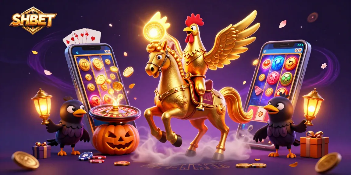 Engaging SHBET experience with a golden rooster and friends navigating a magical casino.