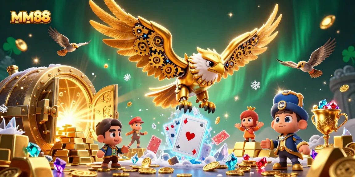Experience the thrill of MM88 as a cybernetic eagle soars through a treasure-filled casino