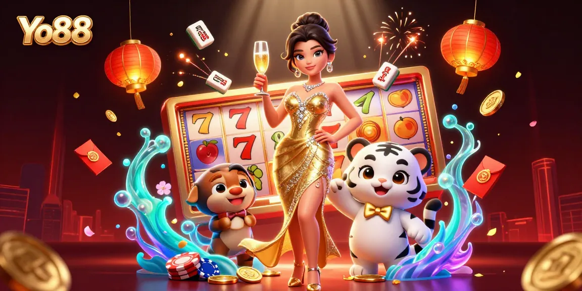 Yo88 offers vibrant gaming experiences, featuring a glamorous scene with a lucky tiger and festive casino elements.