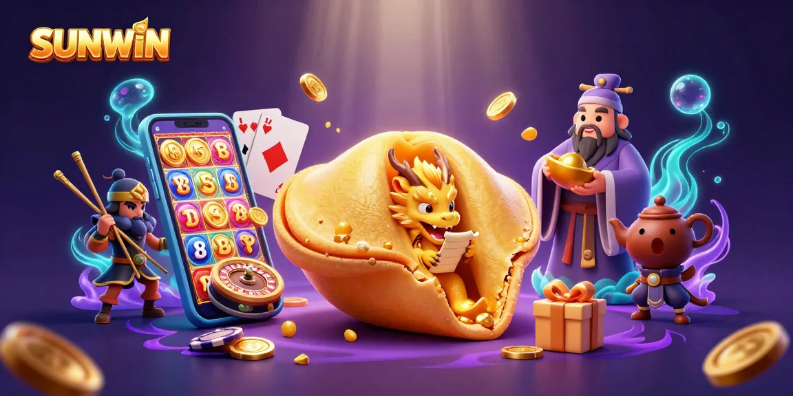 SUNWIN presents a vibrant 3D illustration showcasing a golden fortune cookie with characters amidst dynamic casino games.