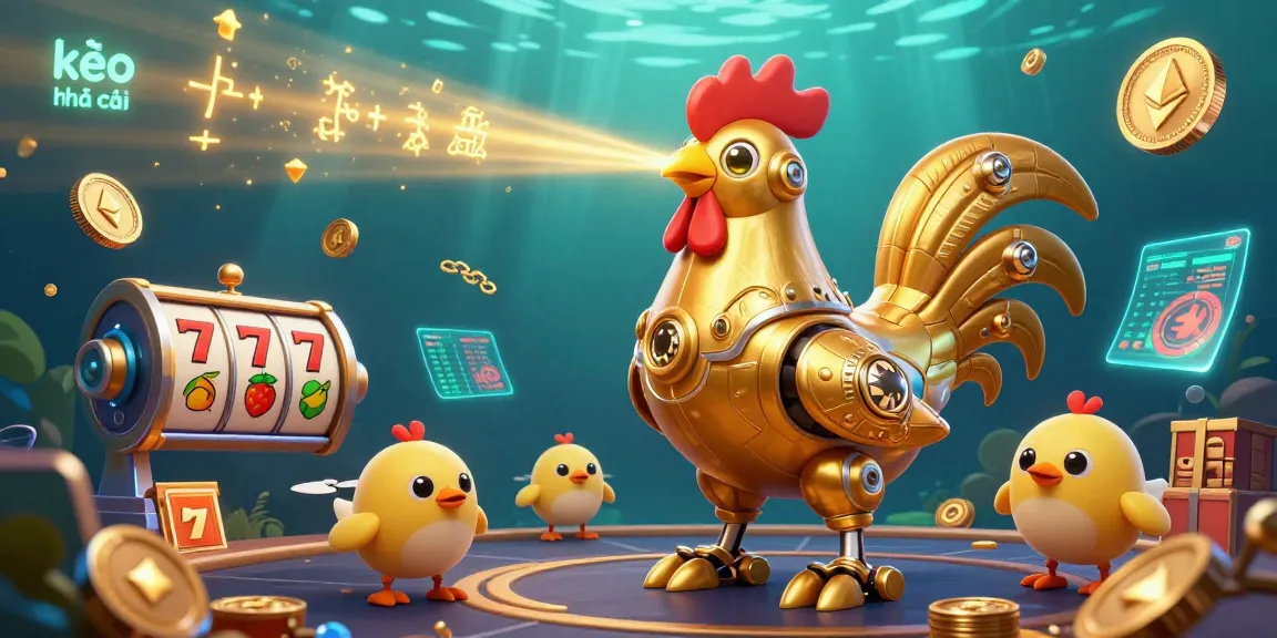 Engage with kèo nhà cái through vibrant 3D illustration featuring golden rooster robot amidst gambling symbols.