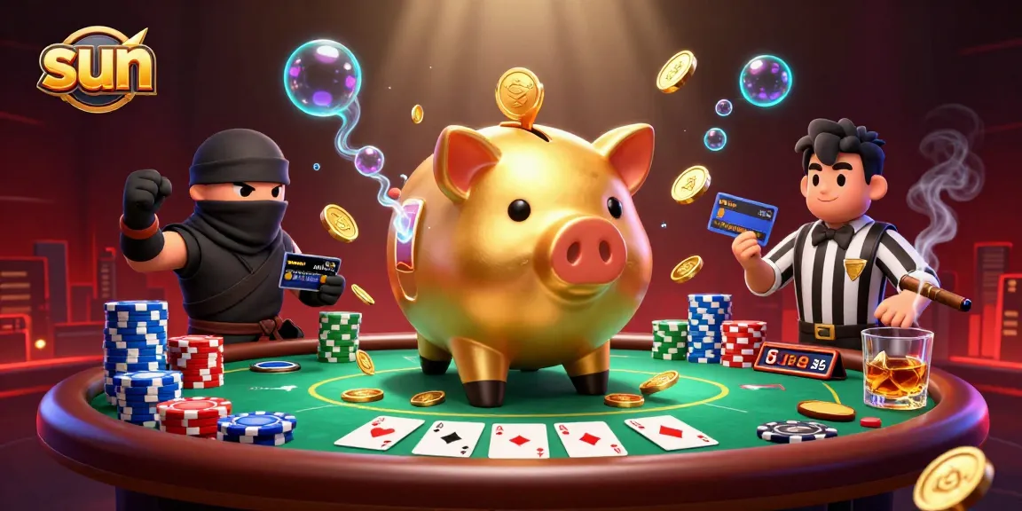 Sun-themed illustration of a playful sumo piggy bank surrounded by vibrant poker elements, showcasing exciting gambling action.