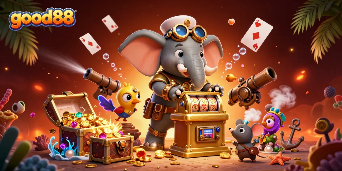 Experience the thrill of good88's online casino gaming with a steampunk elephant and interactive slot machine.