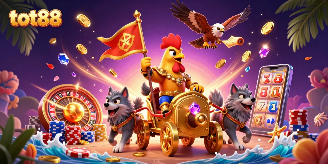 Experience thrilling action at tot88 with a vibrant scene of a rooster warlord amidst cascading coins and game elements.