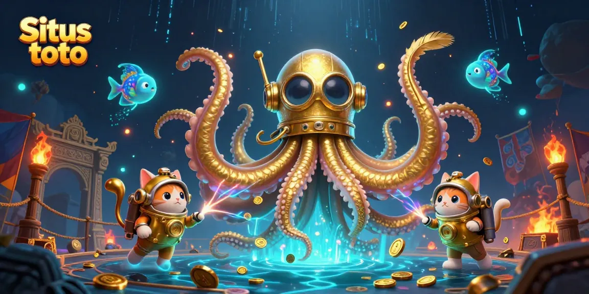 Situs toto showcases a kraken and diving cat in a vibrant casino-themed illustration.