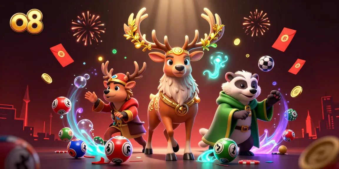 Engage in thrilling gameplay with o8 as characters celebrate with lottery balls, chips, and vibrant lights.