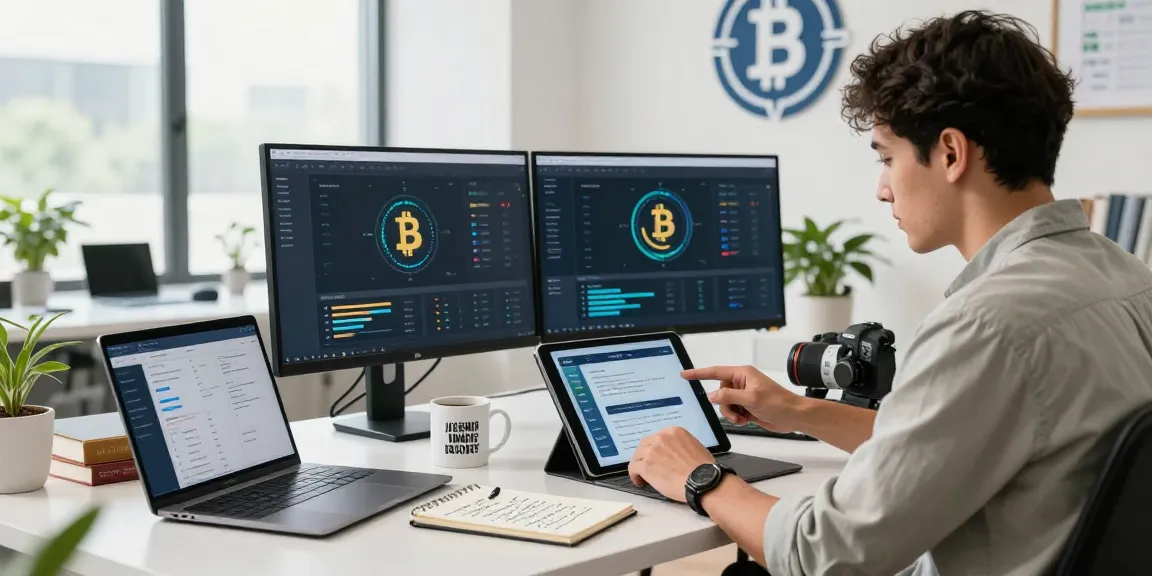 Expert recovering lost crypto in a modern office setting, showcasing dual monitors and recovery strategies.
