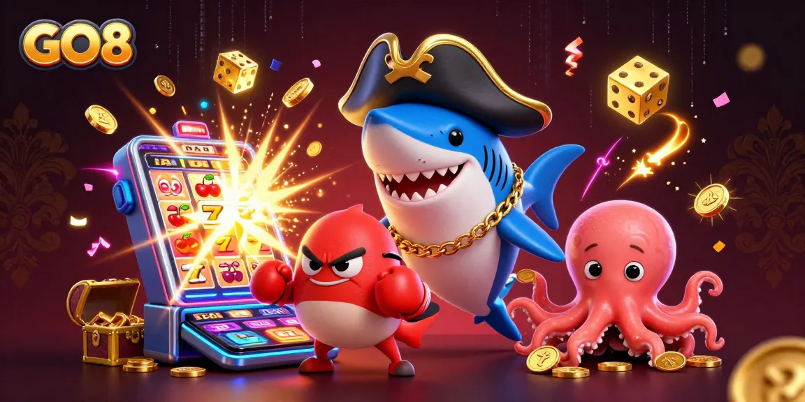 Experience exciting gameplay at GO8 with a vibrant scene of animated characters engaged in casino fun.