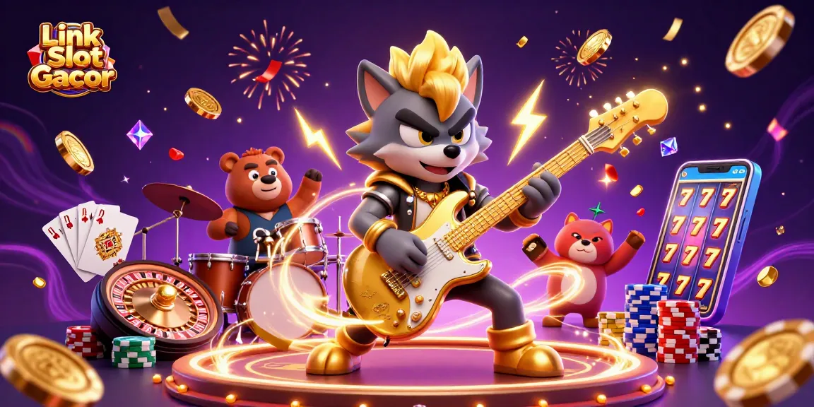 Link Slot Gacor scene featuring a rock star wolf and drummer bear amid cascading coins and vibrant casino elements.