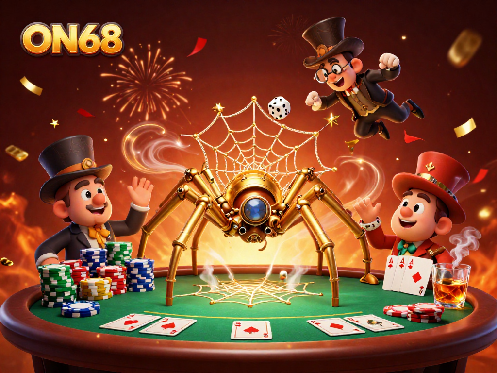Experience thrilling gameplay at ON68 with a steampunk spider web of fortune catching lucky dice.