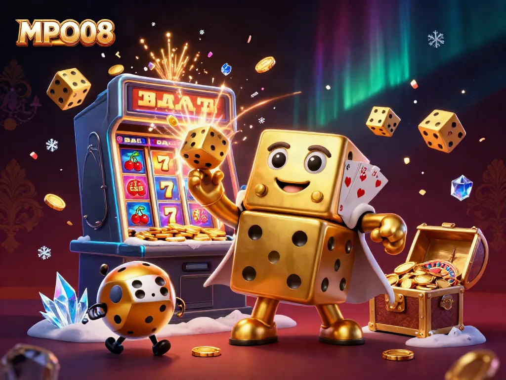 Engage in vibrant casino action with MPO08, featuring a golden dice golem and slot machine fireworks