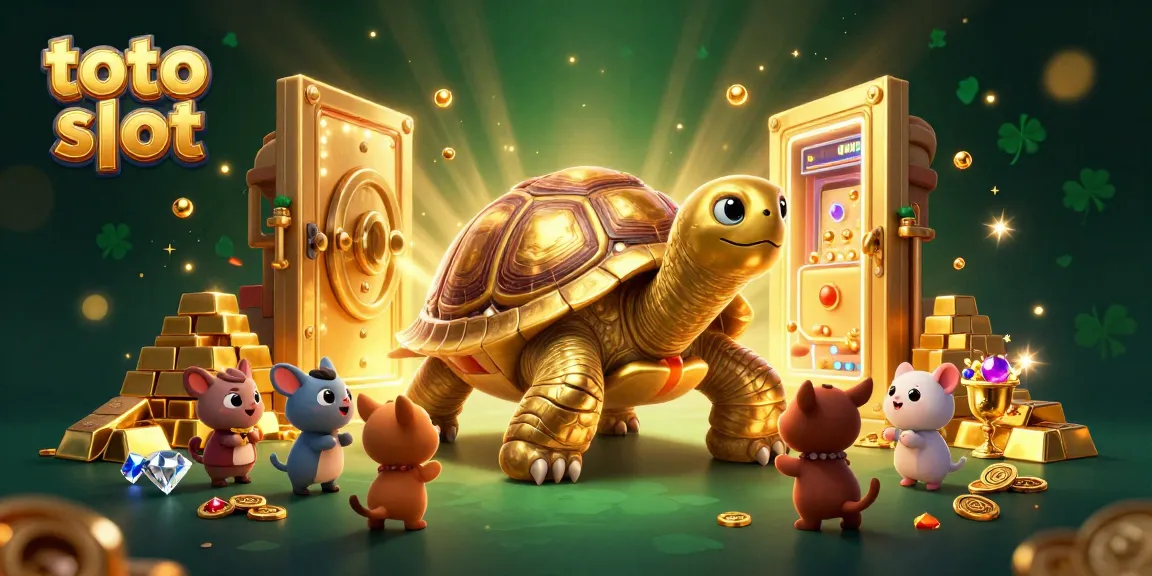 Spin the toto slot in a vibrant casino scene with a golden tortoise pinball machine.