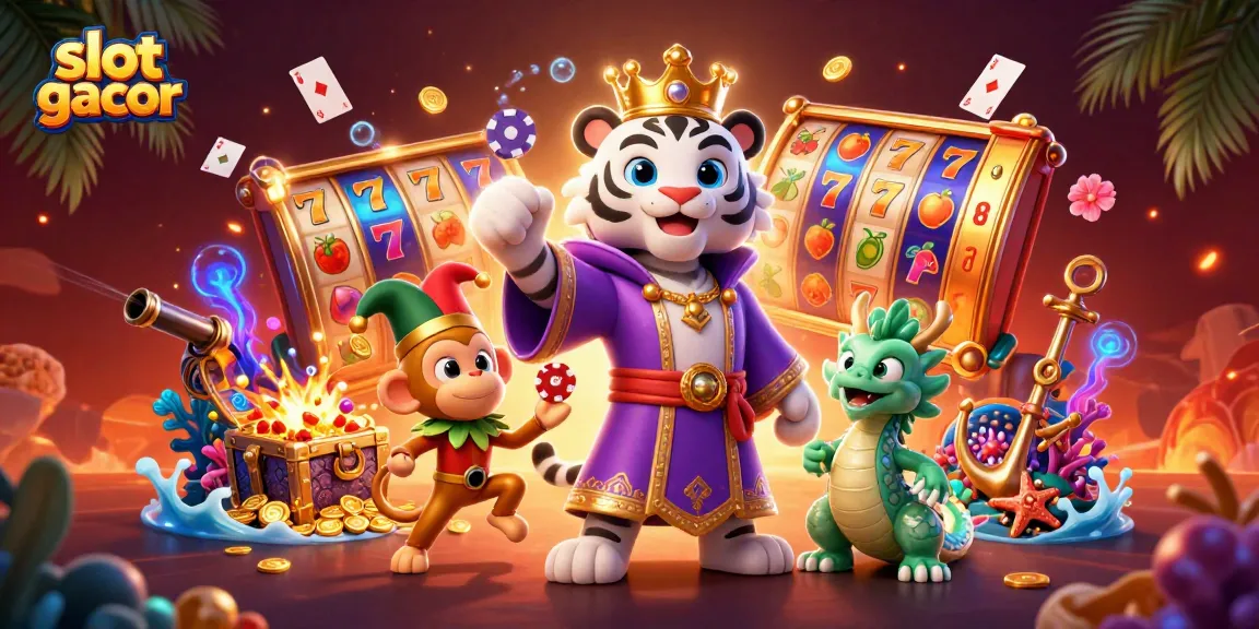 Menang besar dengan slot gacor di kasino online, simbol keberuntungan dan permainan menarik.