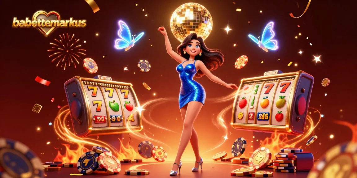 Engage with babettemarkus in a vibrant casino scene featuring a glamorous character and lively slot game elements.