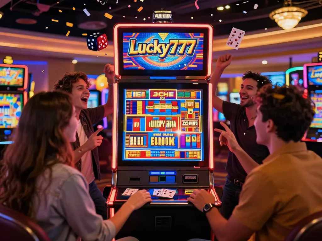 Friends celebrating their win on Lucky777 slot machine in a lively casino.