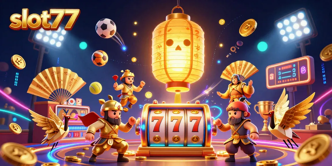 Experience big wins with slot77 amidst a vibrant casino scene filled with golden characters and dynamic game elements.