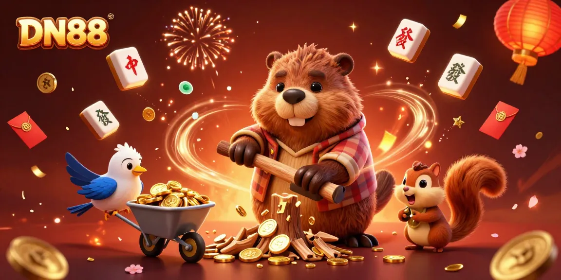 Play at DN88 and win as a beaver chops gold coin trees in a vibrant casino scene.