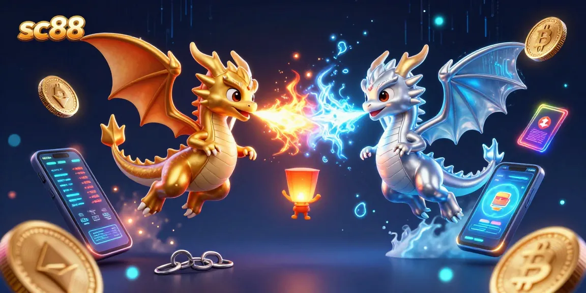Experience thrilling gaming at sc88 with dynamic dragons, glowing crypto coins, and vibrant casino elements.