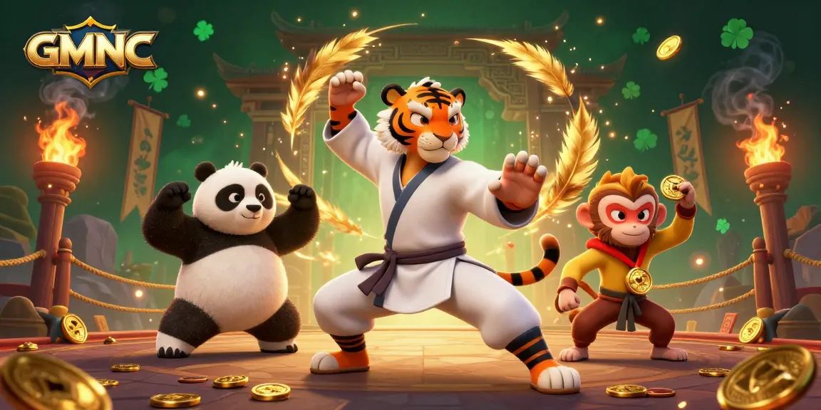 Experience the thrilling GMNC action featuring a kung fu tiger, panda, and monkey in a vibrant casino scene.