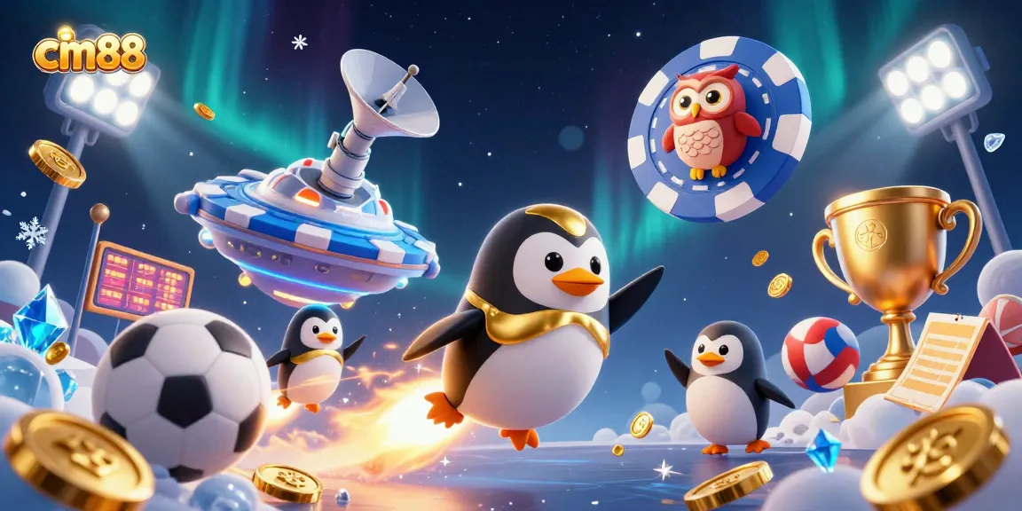 Engage with cm88's dynamic gaming scene featuring a golden penguin and sports elements.