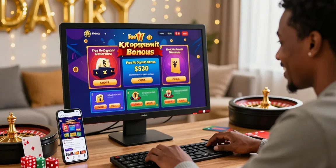 South African player exploring Free No Deposit Bonus offers at online casino, surrounded by gaming elements.