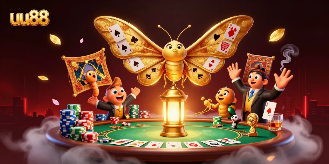 Engage with uu88's vibrant casino scene featuring playing cards and a golden atlas moth.