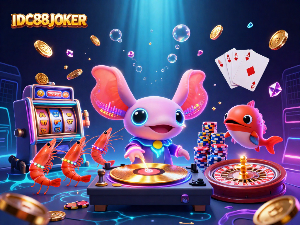 Experience thrilling wins with IDC88JOKER's vibrant casino world showcasing neon characters and exciting game elements.
