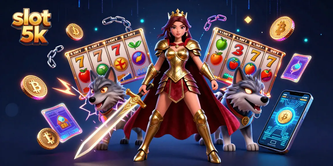 Spin to win with slot 5k! Colorful slot reels and a warrior queen in an electrifying scene.