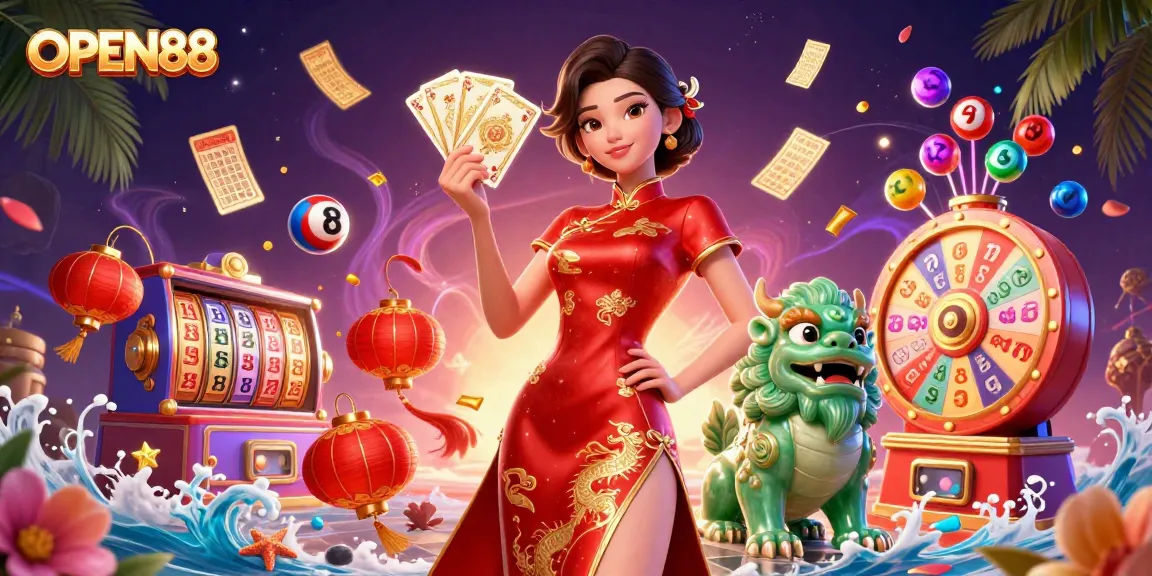 Experience thrilling gaming with OPEN88's vibrant scene, featuring dynamic slot reels and engaging elements.