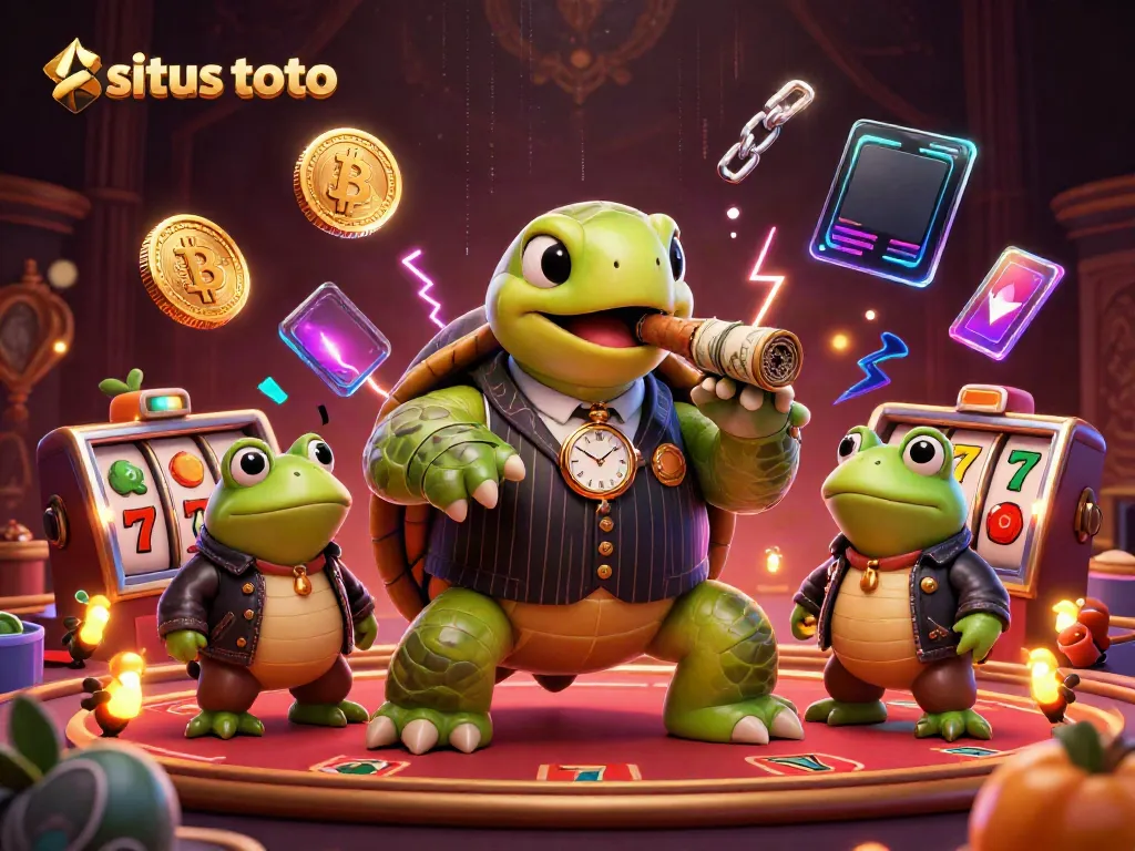 Witness situs toto action with a vibrant turtle in a mobster suit among colorful slot elements and crypto coins.