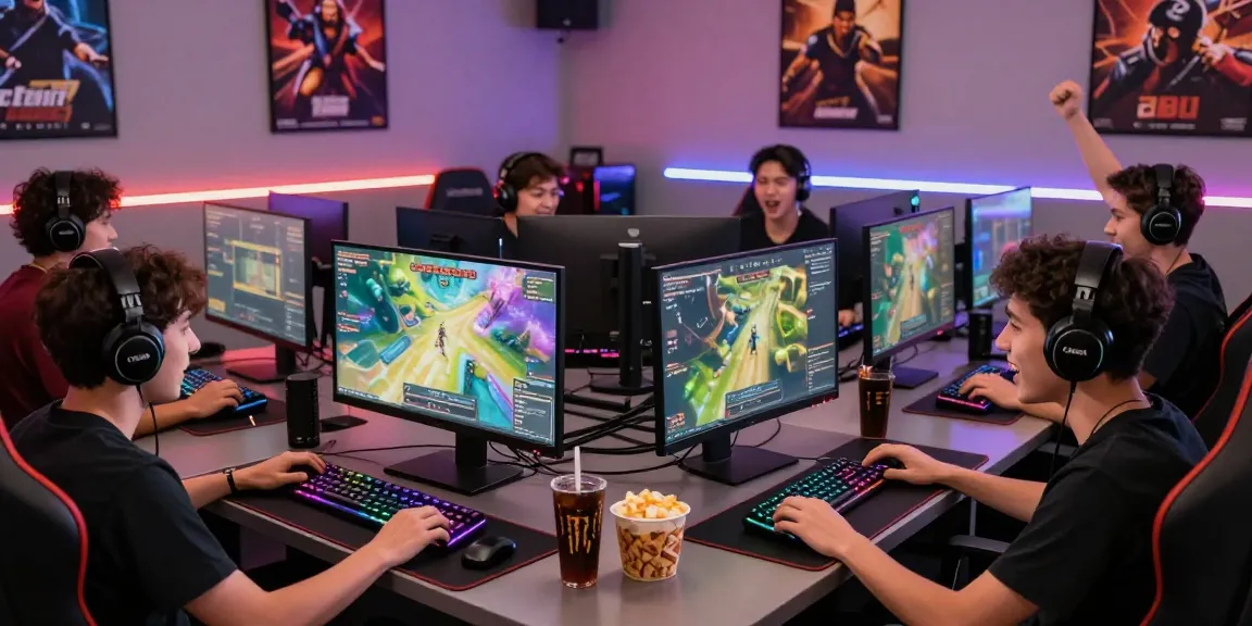 Enthusiastic players enjoying online gaming at Mahajitu in a vibrant gaming studio.
