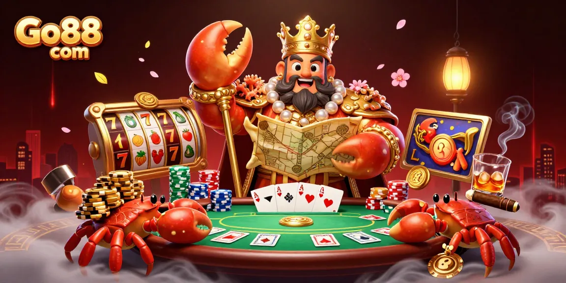 Experience the excitement of Go88 com with a vibrant casino illustration featuring a golden crab emperor and slot reels.