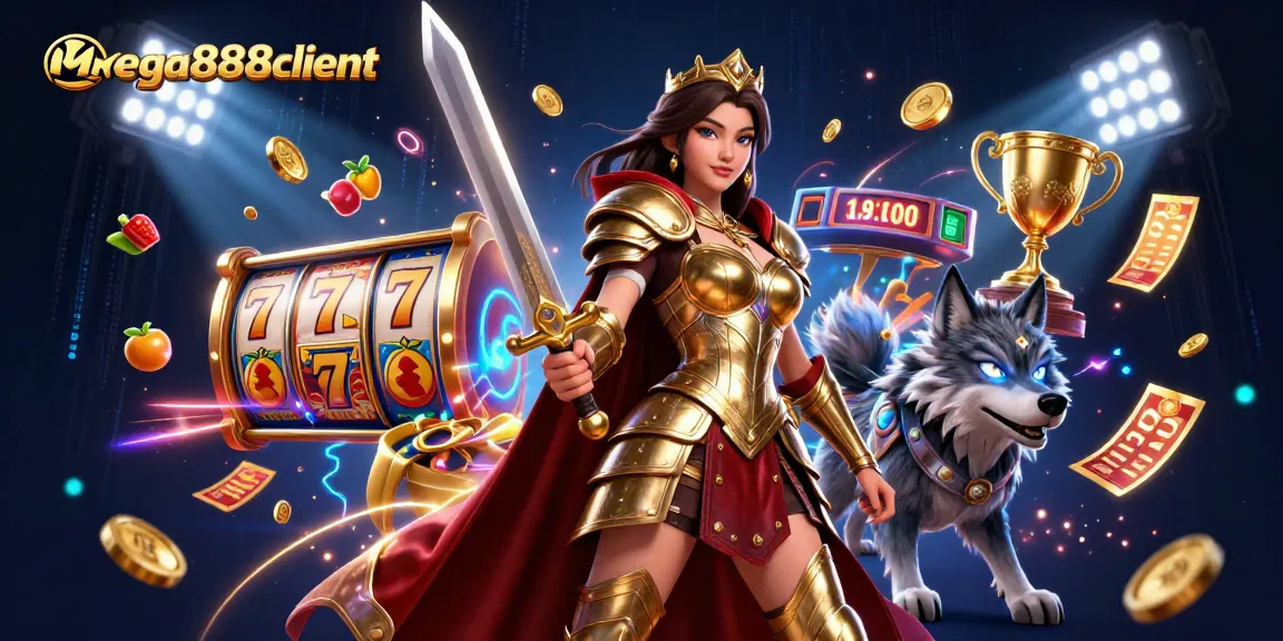 Experience gaming triumphs with mega888client in an immersive slot-filled landscape, showcasing dynamic action and energy.