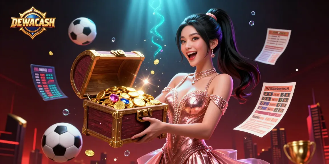 Engage with DEWACASH betting excitement as a joyful Asian woman presents treasures of winning!