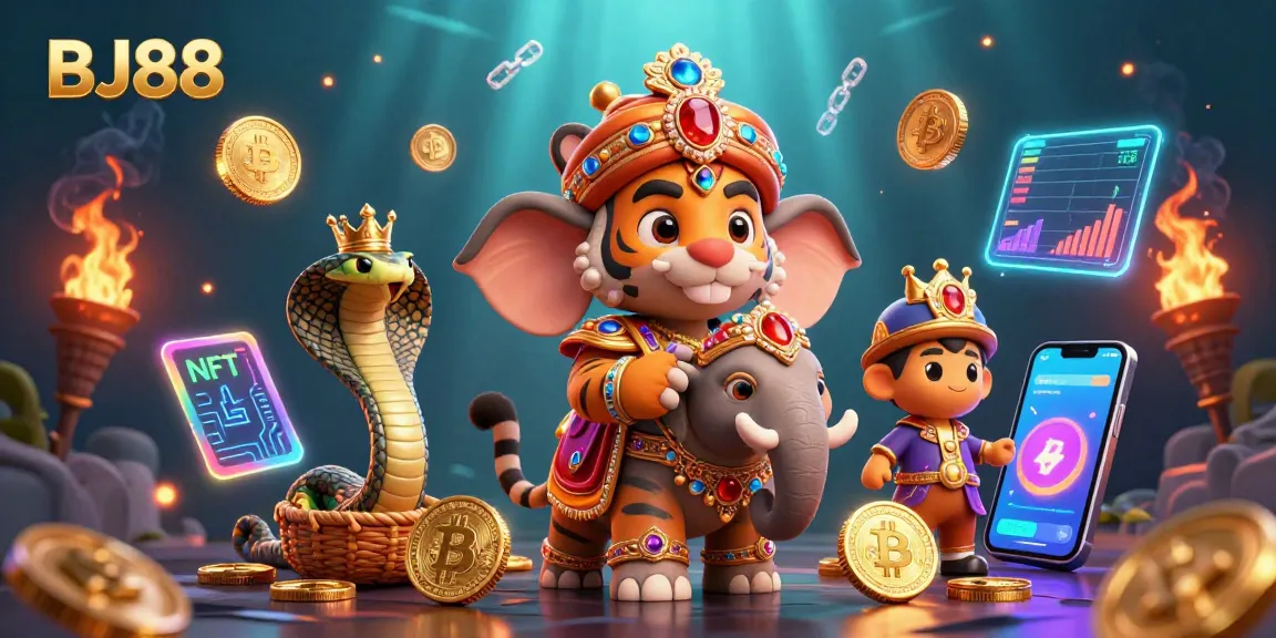 Experience BJ88 casino thrills with an ornate maharaja tiger and an elephant in a vibrant gaming scene.