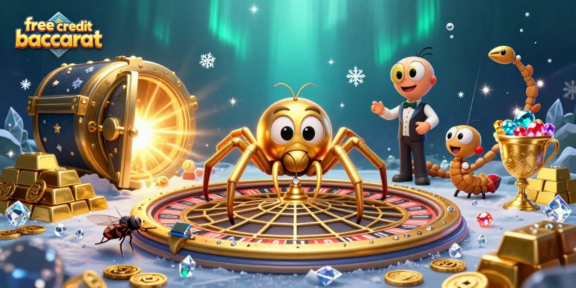 Experience the excitement of free credit baccarat with a lively 3D casino scene featuring a spider dealer.