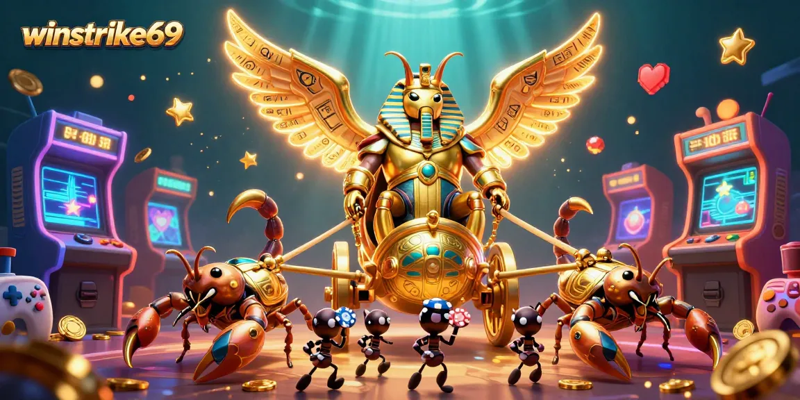 Experience thrilling gaming with winstrike69 featuring a golden scarab and striking casino elements.